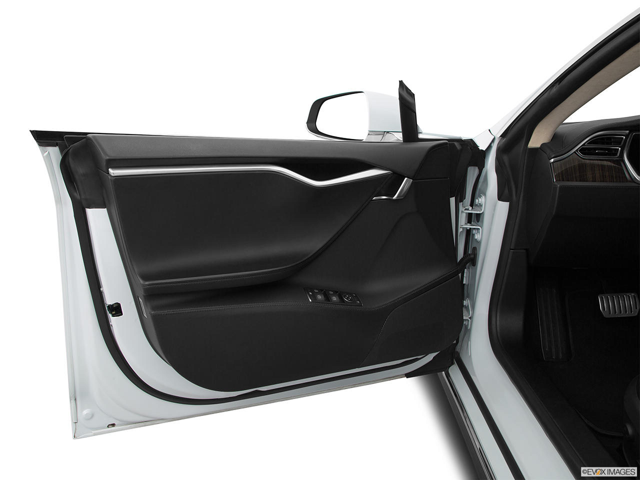 2014 Tesla Model S Performance Inside of driver's side open door, window open. 