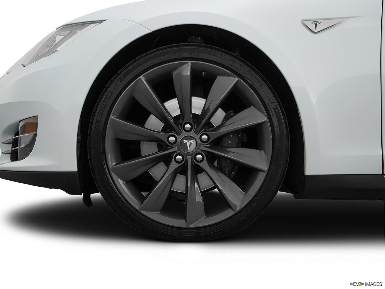 2014 Tesla Model S Performance Front Drivers side wheel at profile. 