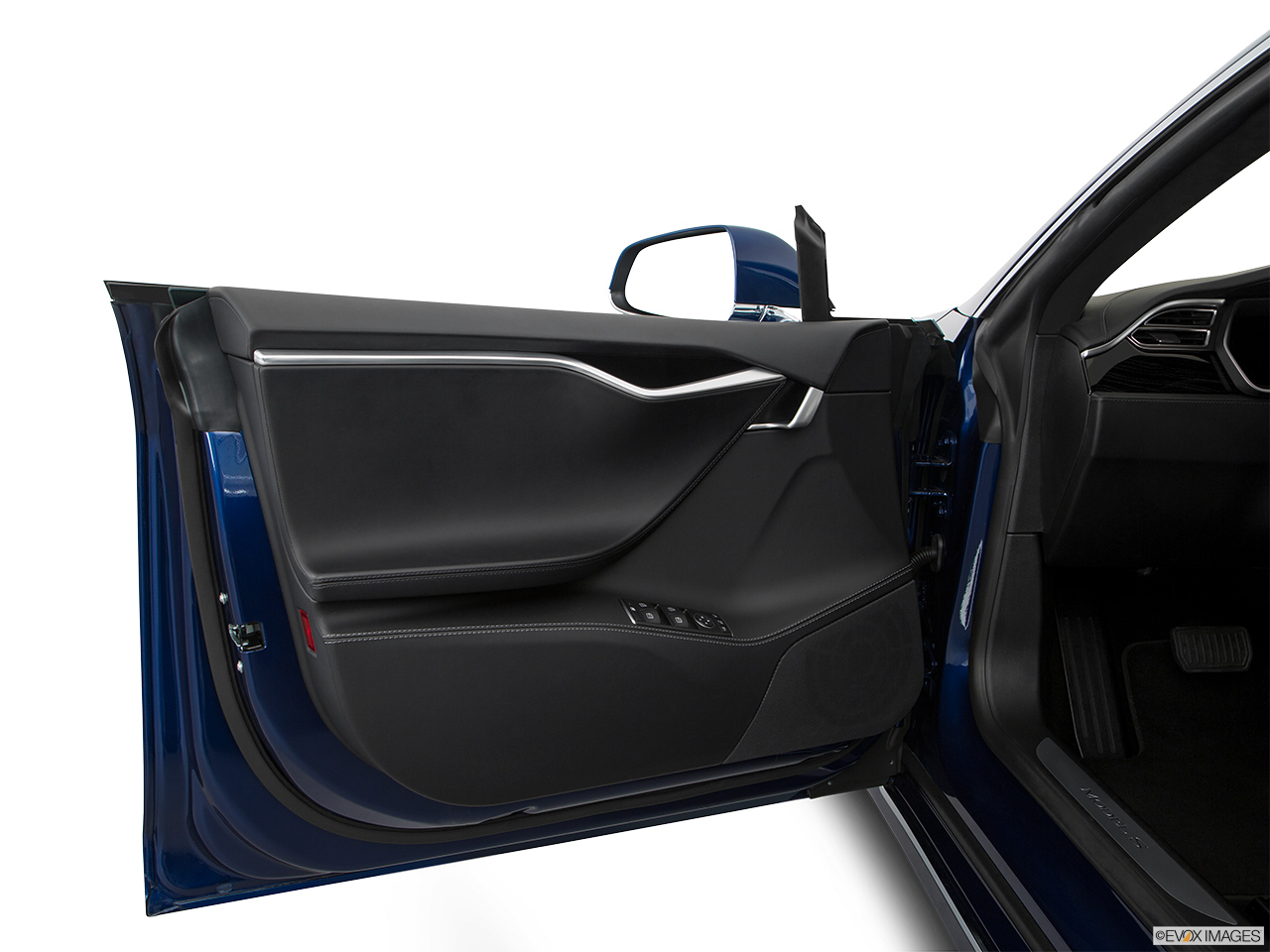 2016 Tesla Model S 75 Inside of driver's side open door, window open. 