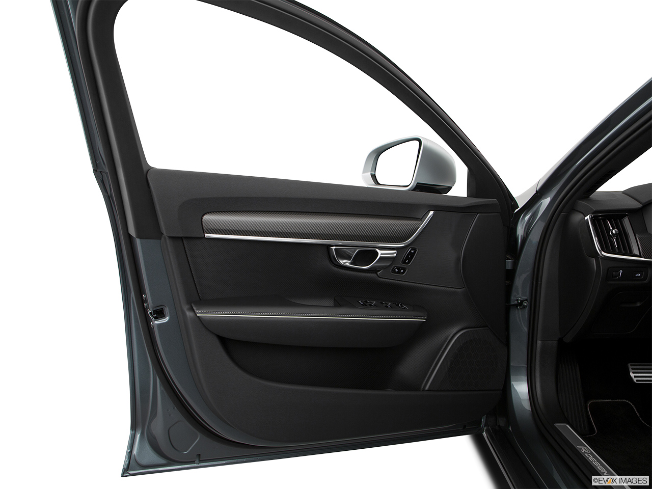 2018 Volvo V90 T6 AWD R-DESIGN Inside of driver's side open door, window open. 