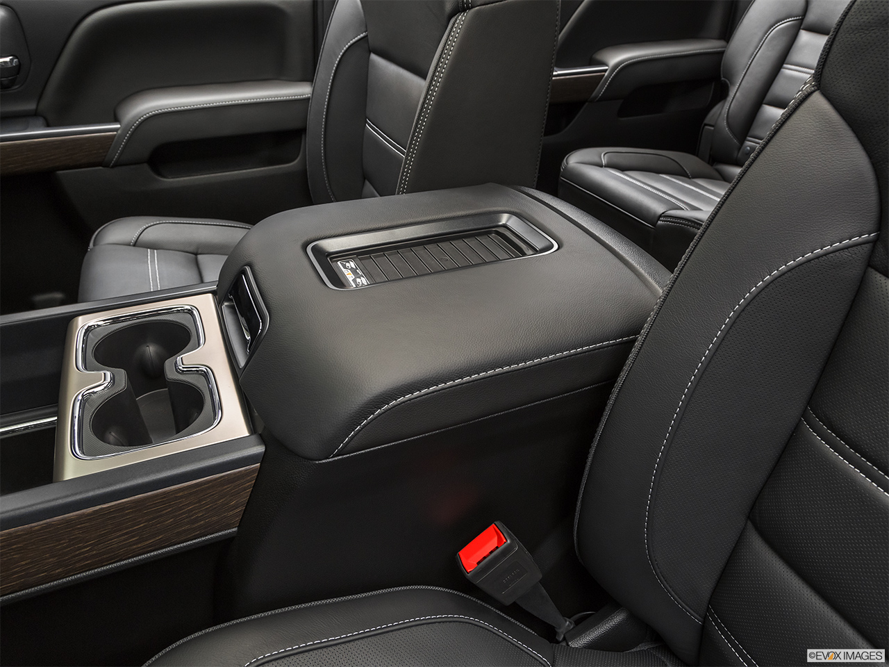 2019 GMC Sierra 2500HD Denali Front center console with closed lid, from driver's side looking down 