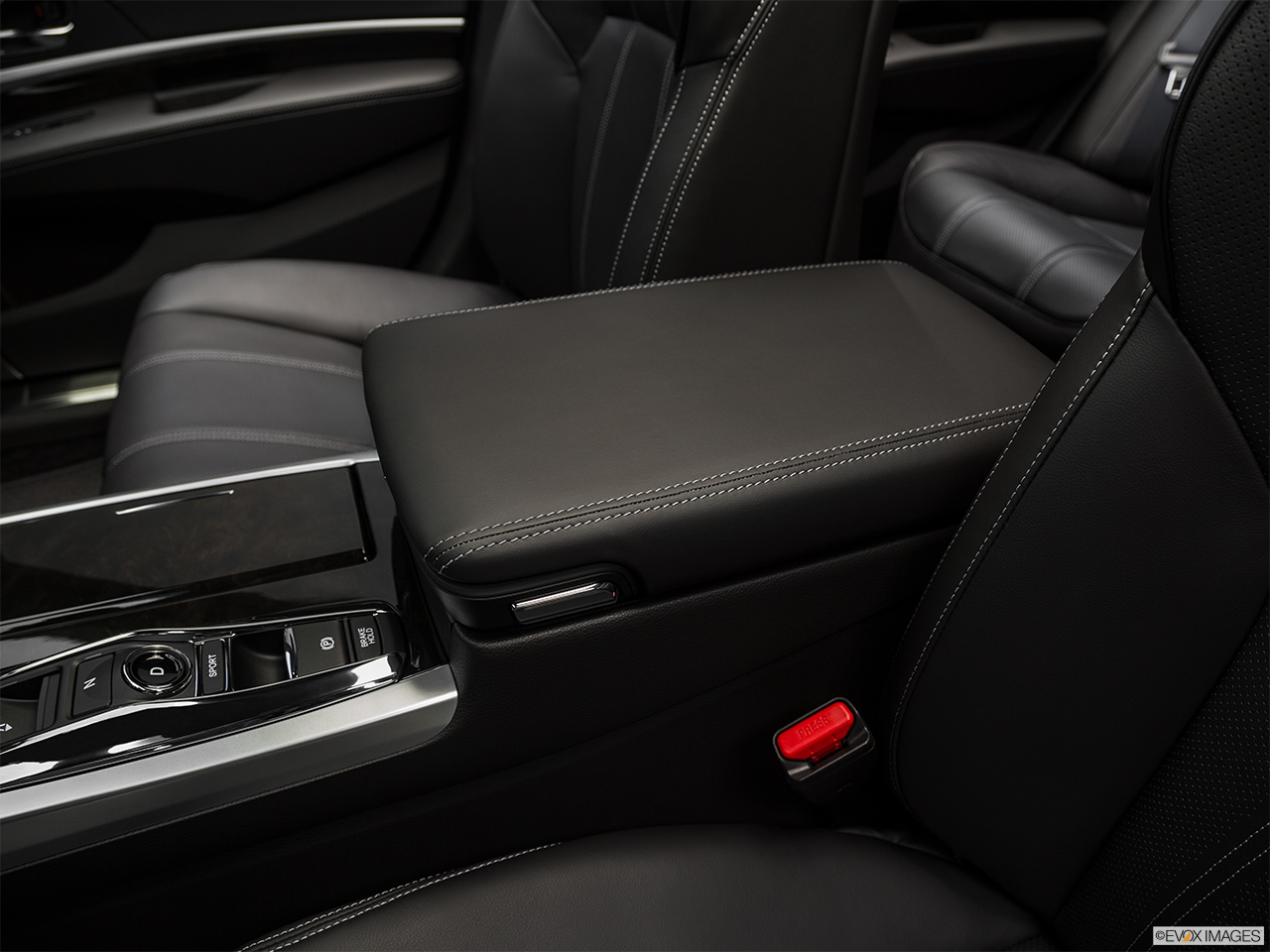2020 Acura RLX Sport Hybrid SH-AWD Front center console with closed lid, from driver's side looking down 