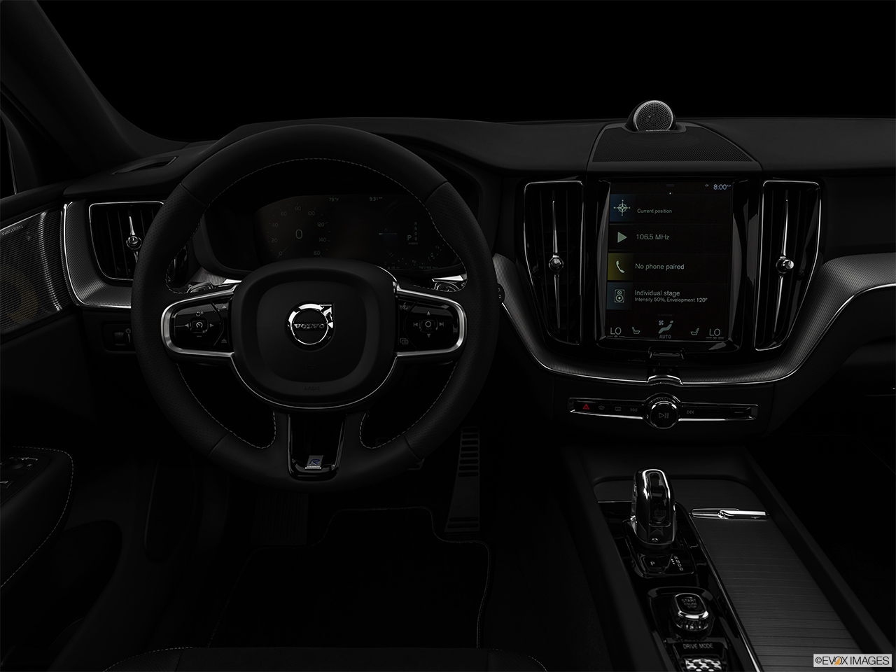 2019 Volvo XC60 T8 R-Design eAWD Plug-in Hybrid Centered wide dash shot - "night" shot. 