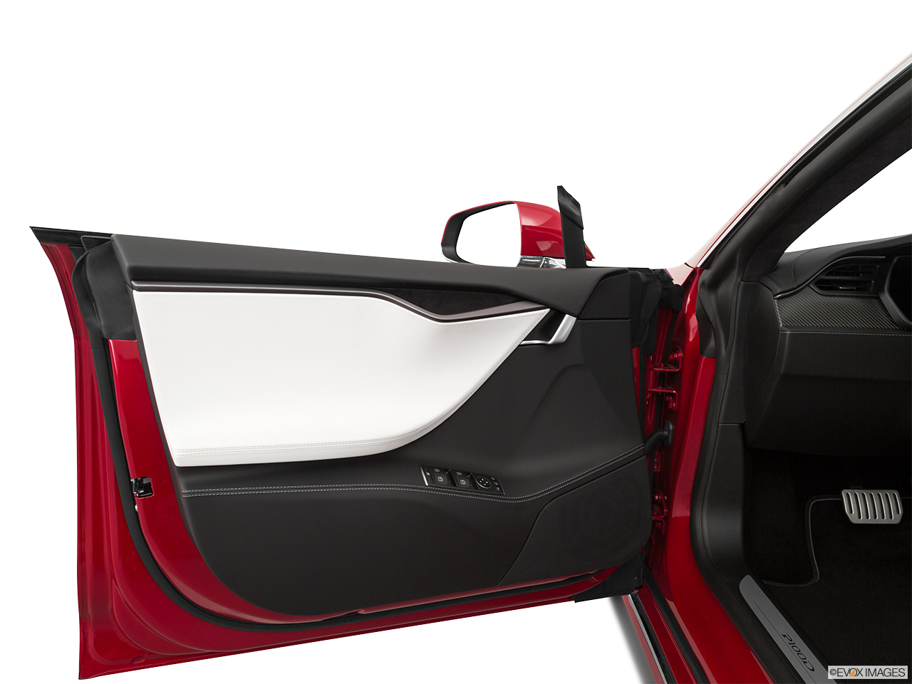 2019 Tesla Model S P100D Inside of driver's side open door, window open. 