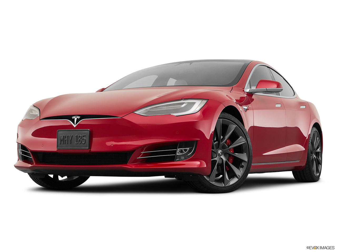 2019 Tesla Model S P100D Front angle view, low wide perspective. 