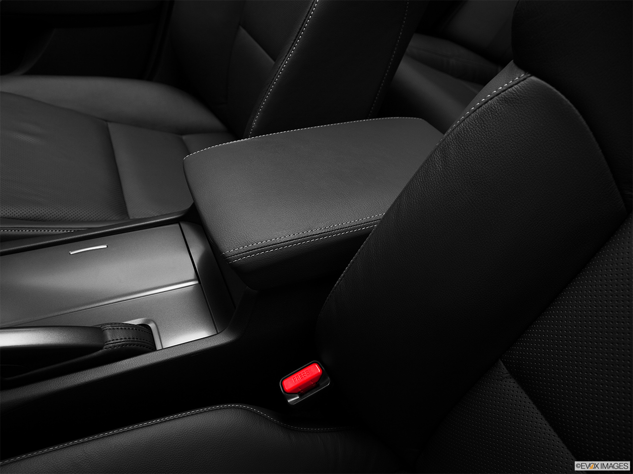 2012 Acura TSX 5-Speed Automatic Front center console with closed lid, from driver's side looking down 