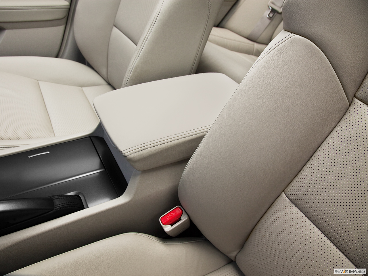 2012 Acura TSX Sport Wagon Front center console with closed lid, from driver's side looking down 