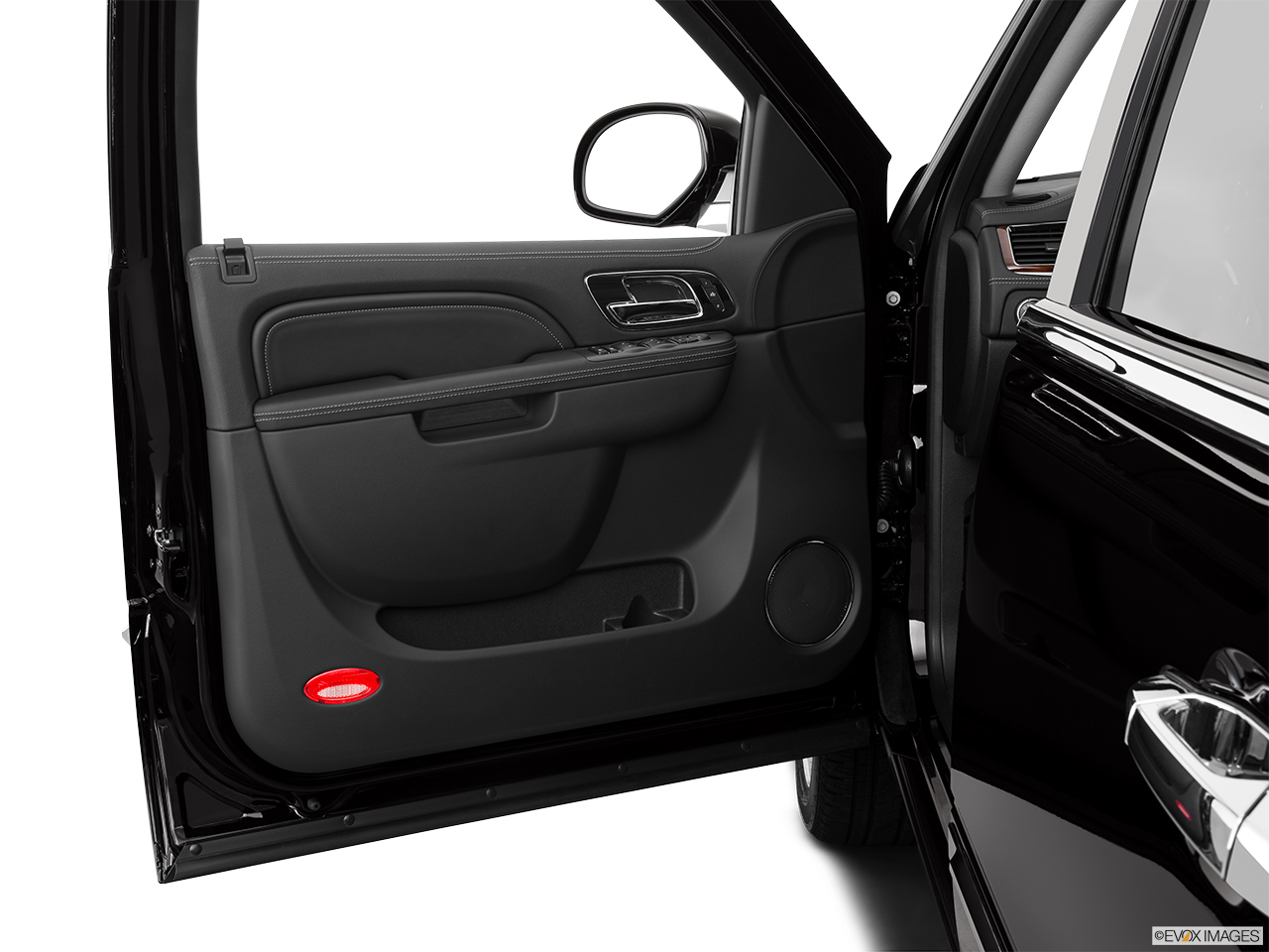 2013 Cadillac Escalade Hybrid Platinum Inside of driver's side open door, window open. 