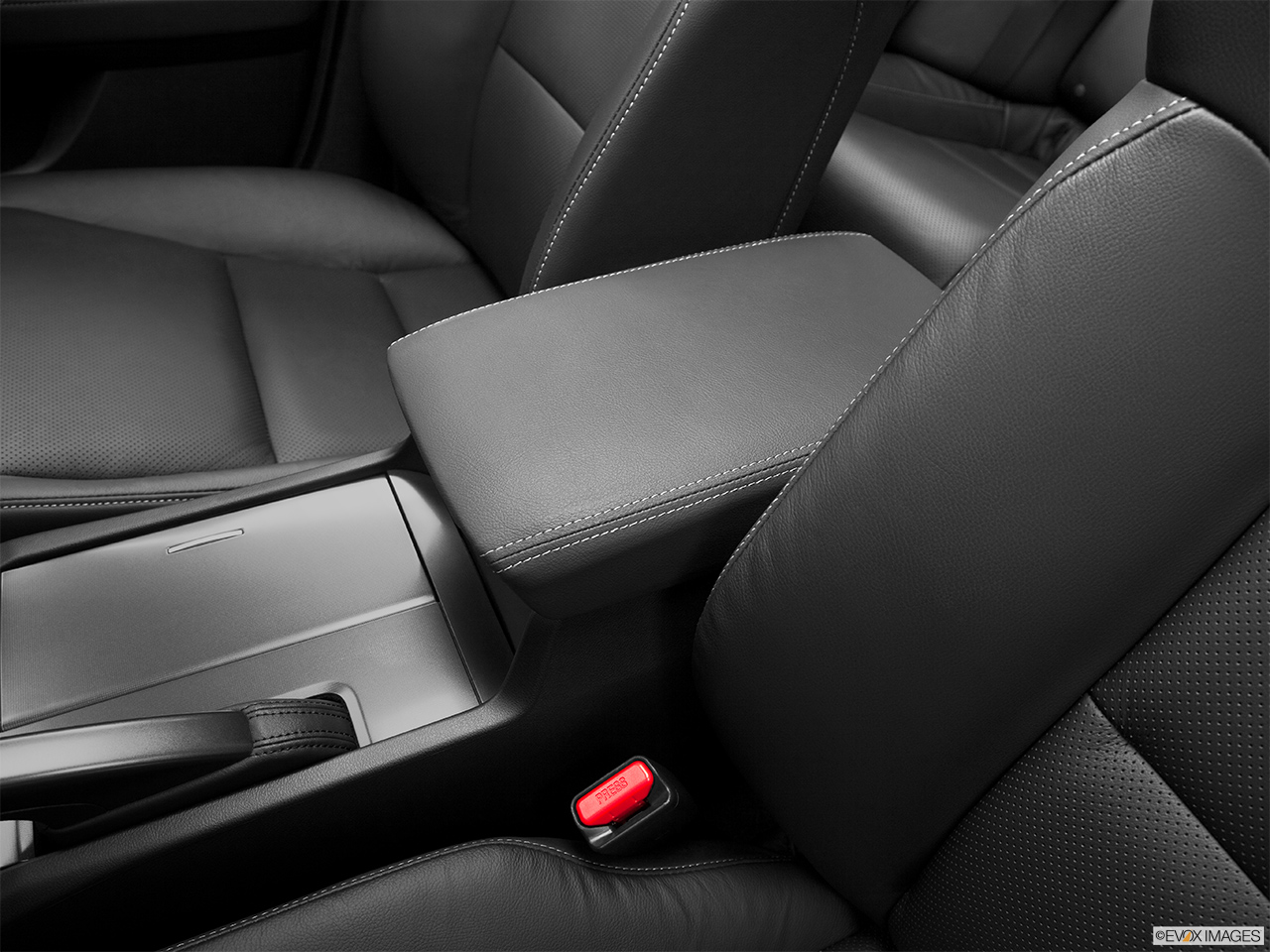 2013 Acura TSX 5-Speed Automatic Front center console with closed lid, from driver's side looking down 