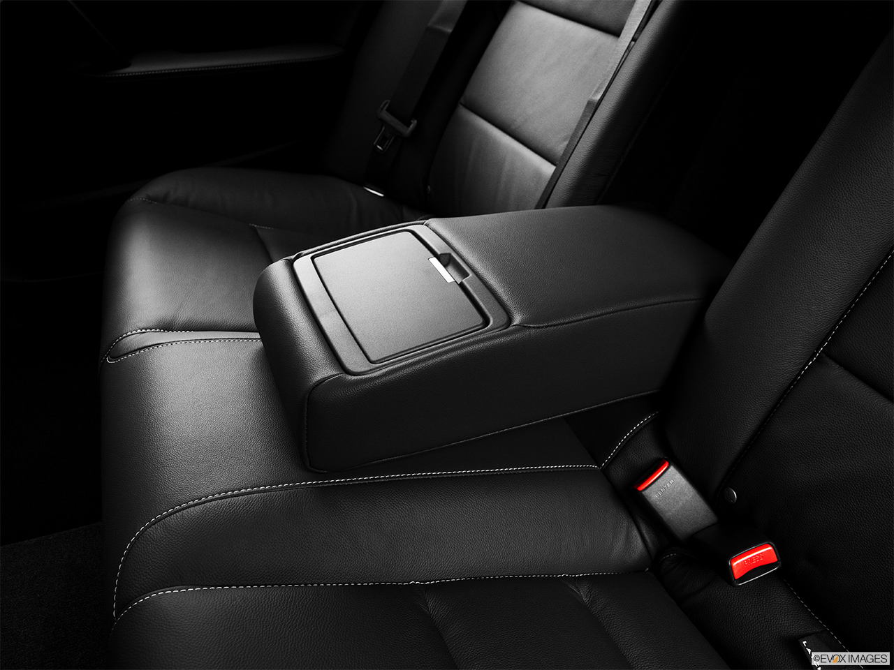 2014 Acura TL Special Edition Rear center console with closed lid from driver's side looking down. 