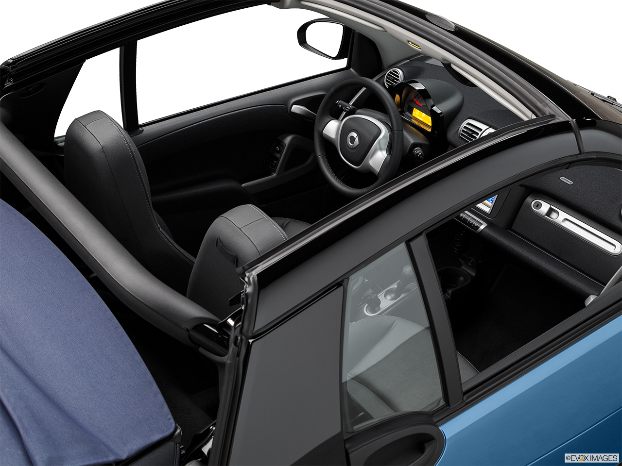 2014 Smart Fortwo Electric Drive Base Convertible Hero (high from passenger, looking down into interior). 